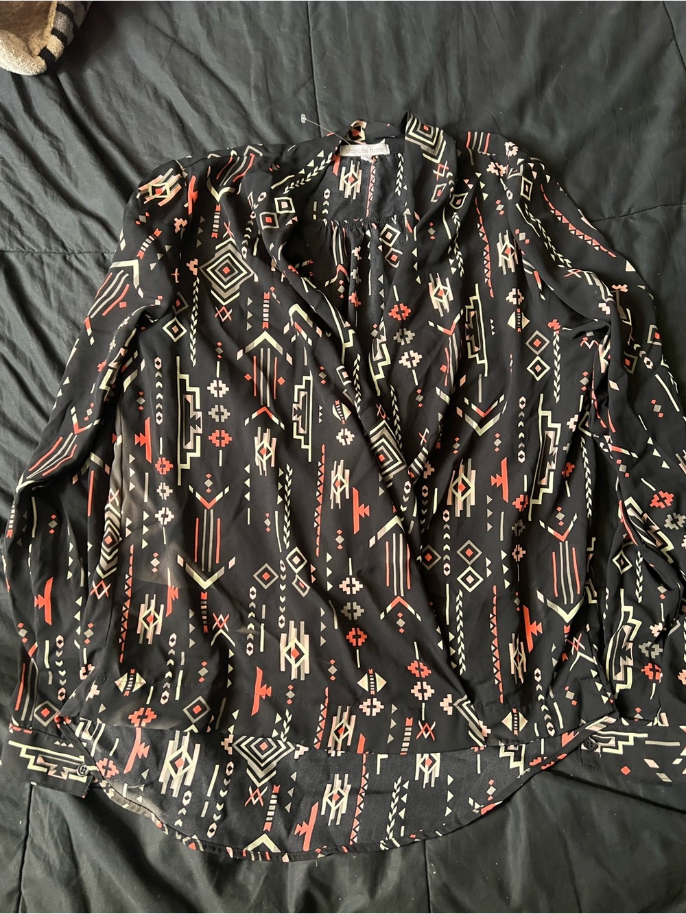 Charlotte Russe Black Geometric Button-Up Blouse with Red and Cream Accents